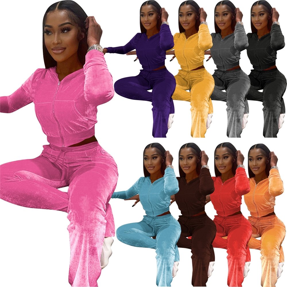 2024 Fall Women's Hoodie Set Zipper Pocket Crop Top Jacket Velvet Jogging Sets Velvet Velour Tracksuits Women Two Piece Set