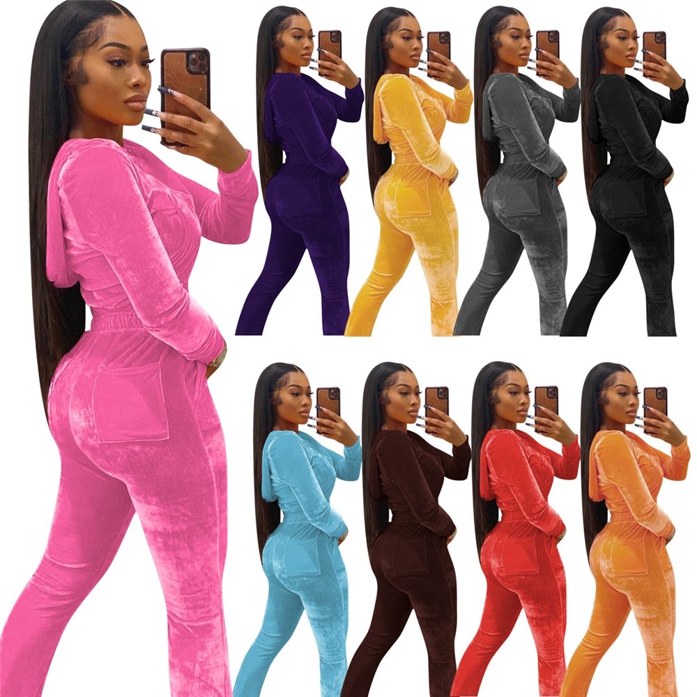 2024 Fall Women's Hoodie Set Zipper Pocket Crop Top Jacket Velvet Jogging Sets Velvet Velour Tracksuits Women Two Piece Set