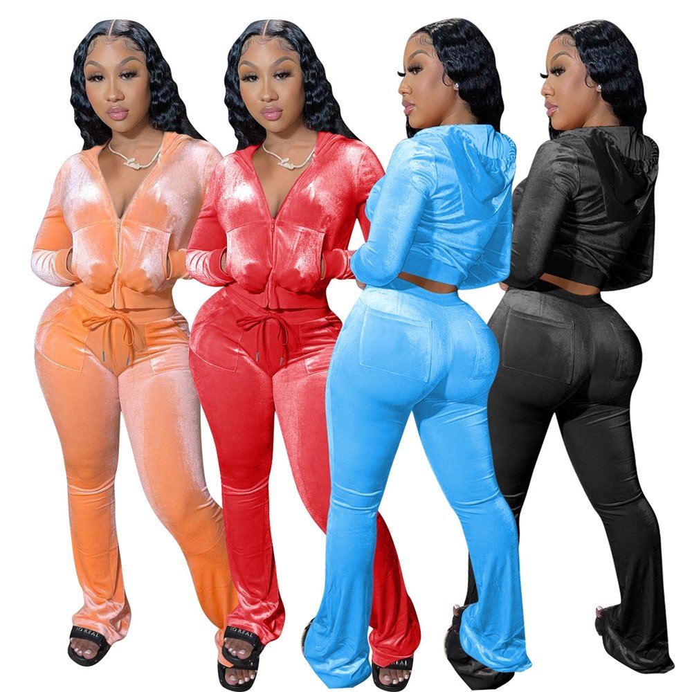 2024 Fall Women's Hoodie Set Zipper Pocket Crop Top Jacket Velvet Jogging Sets Velvet Velour Tracksuits Women Two Piece Set