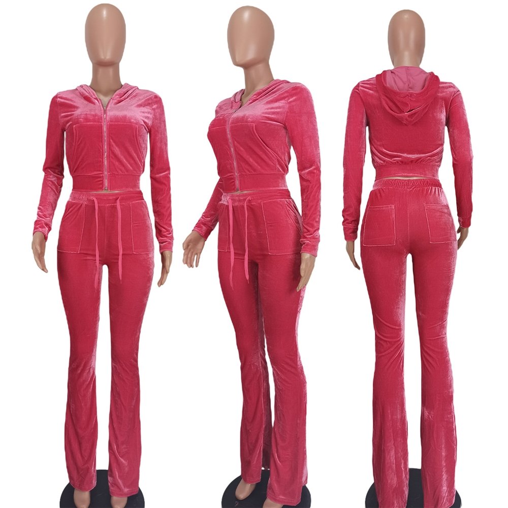 2024 Fall Women's Hoodie Set Zipper Pocket Crop Top Jacket Velvet Jogging Sets Velvet Velour Tracksuits Women Two Piece Set