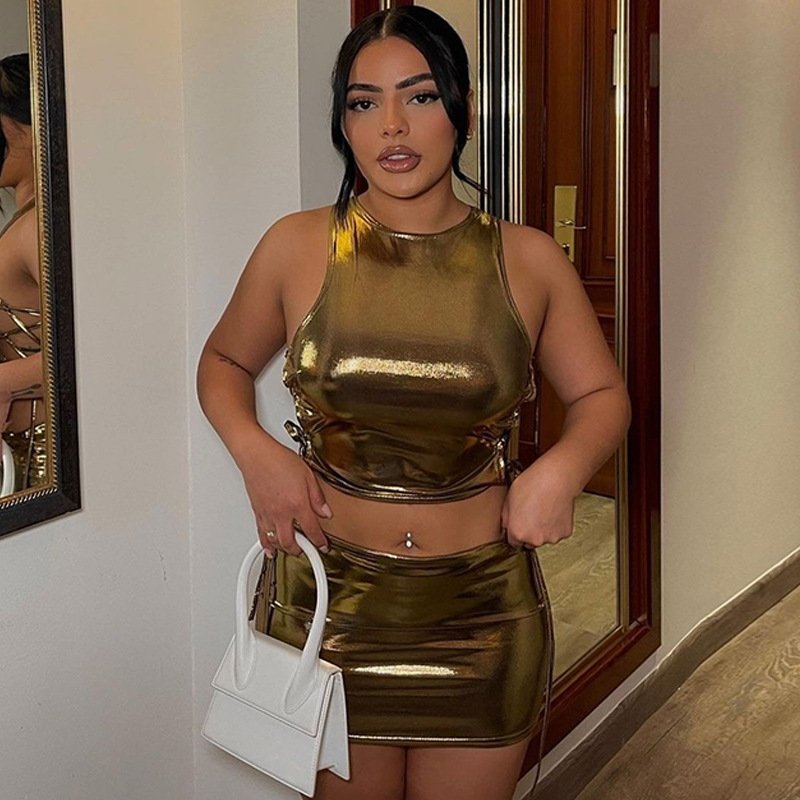 2024 Pu Faux Leather Sleeveless High Waist Hollow Out Side Bandage Top Mini Skirt Women'S Sets New Evening American Clothing