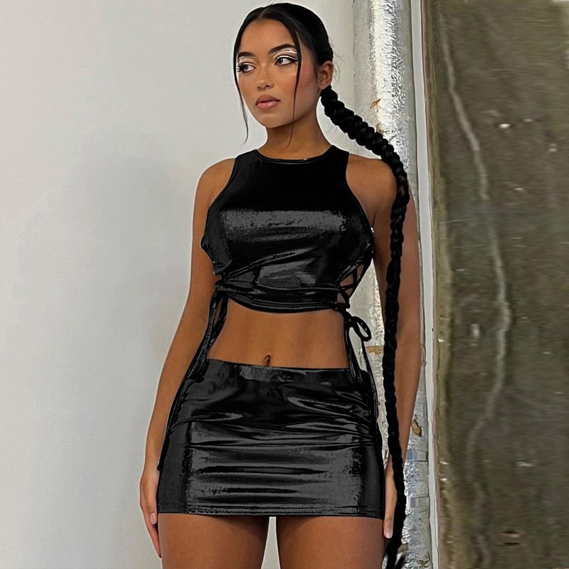 2024 Pu Faux Leather Sleeveless High Waist Hollow Out Side Bandage Top Mini Skirt Women'S Sets New Evening American Clothing