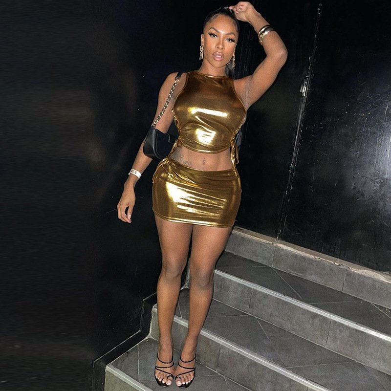 2024 Pu Faux Leather Sleeveless High Waist Hollow Out Side Bandage Top Mini Skirt Women'S Sets New Evening American Clothing