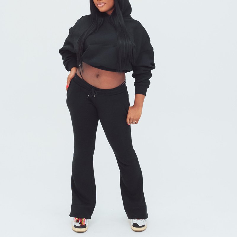 L23019 Custom Two Piece Set Women Gym Workout Fleece 2 Pieces Zip Up Crop Top Sweatshirt And Flare Pants Tracksuits For Women