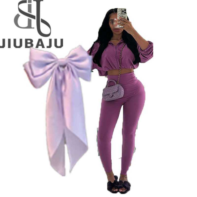 Autumn Casual Women 2 Piece Set + Bow Classic Solid Long Sleeve Drawstring Zip-up Coats+Slim Pants Female Basic Sporty Outfits