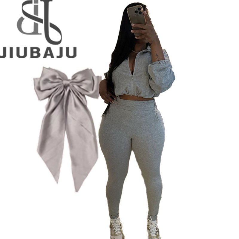 Autumn Casual Women 2 Piece Set + Bow Classic Solid Long Sleeve Drawstring Zip-up Coats+Slim Pants Female Basic Sporty Outfits