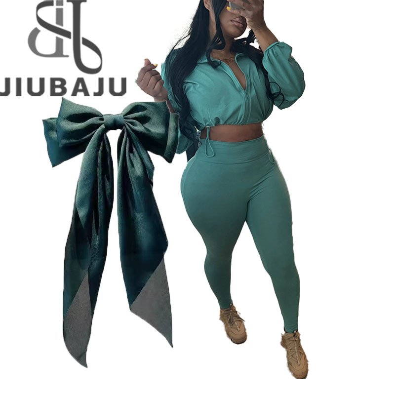Autumn Casual Women 2 Piece Set + Bow Classic Solid Long Sleeve Drawstring Zip-up Coats+Slim Pants Female Basic Sporty Outfits