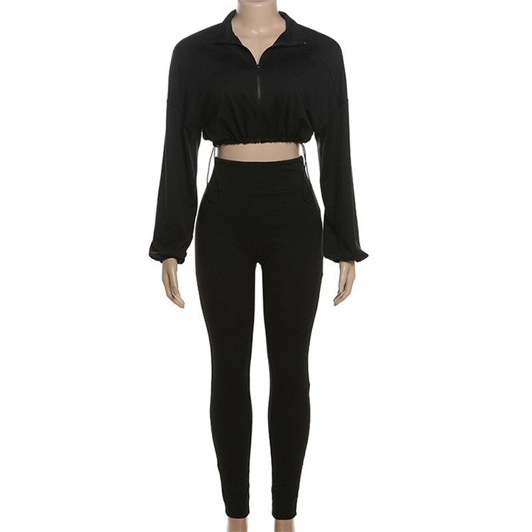 Autumn Casual Women 2 Piece Set + Bow Classic Solid Long Sleeve Drawstring Zip-up Coats+Slim Pants Female Basic Sporty Outfits