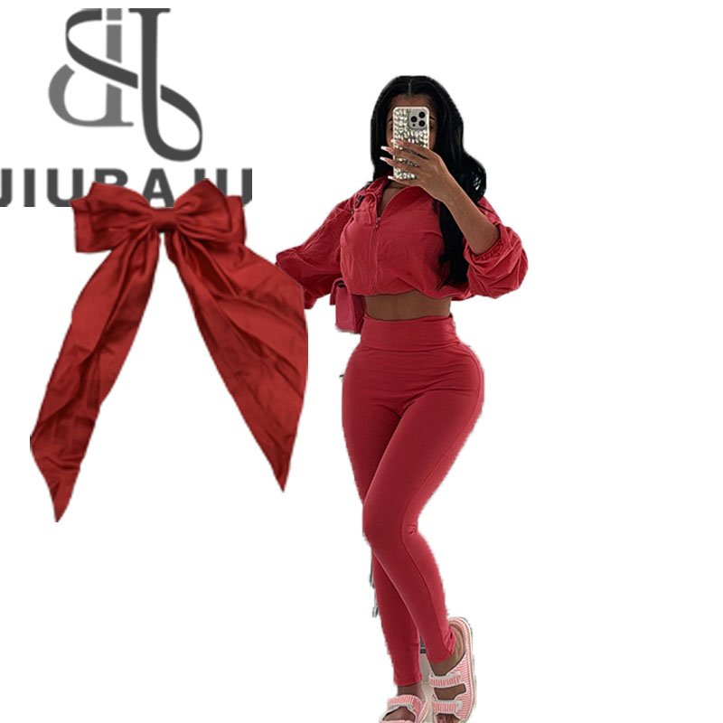 Autumn Casual Women 2 Piece Set + Bow Classic Solid Long Sleeve Drawstring Zip-up Coats+Slim Pants Female Basic Sporty Outfits