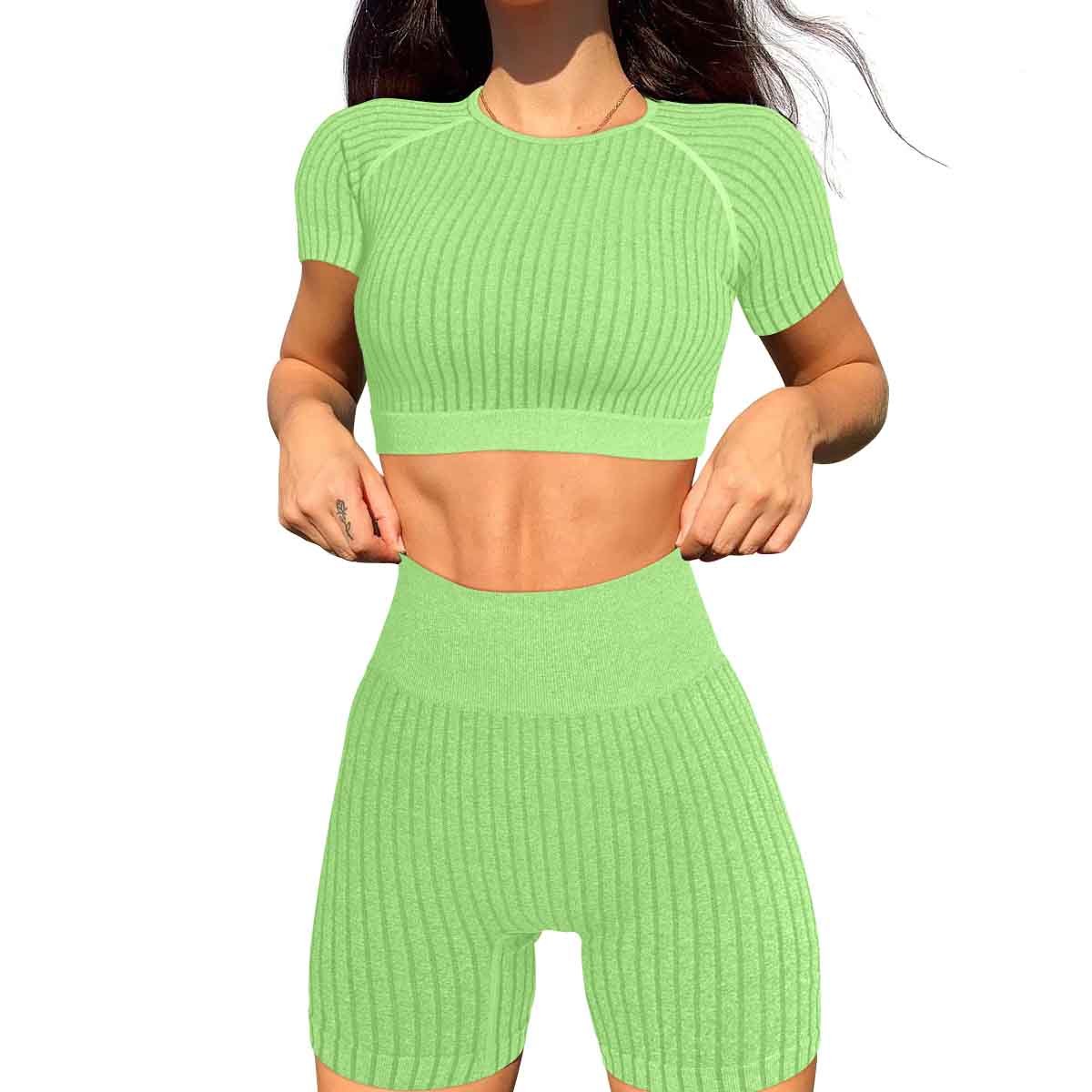 Women's New Customized Sexy Round Neck Short Sleeve Tight Fitness Top Hip Lifting Sports Shorts Two Piece Set Fitness Yoga Wear