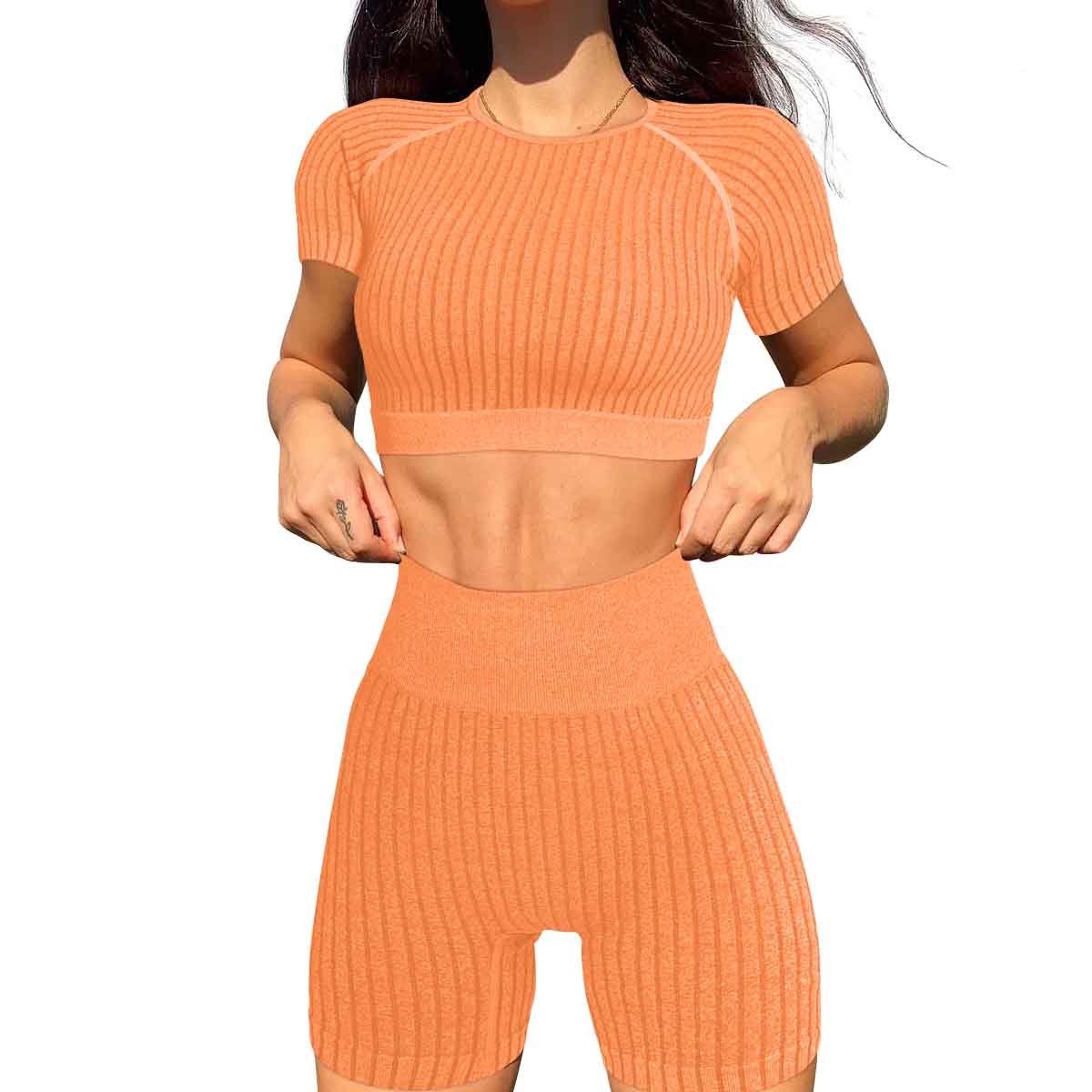 Women's New Customized Sexy Round Neck Short Sleeve Tight Fitness Top Hip Lifting Sports Shorts Two Piece Set Fitness Yoga Wear