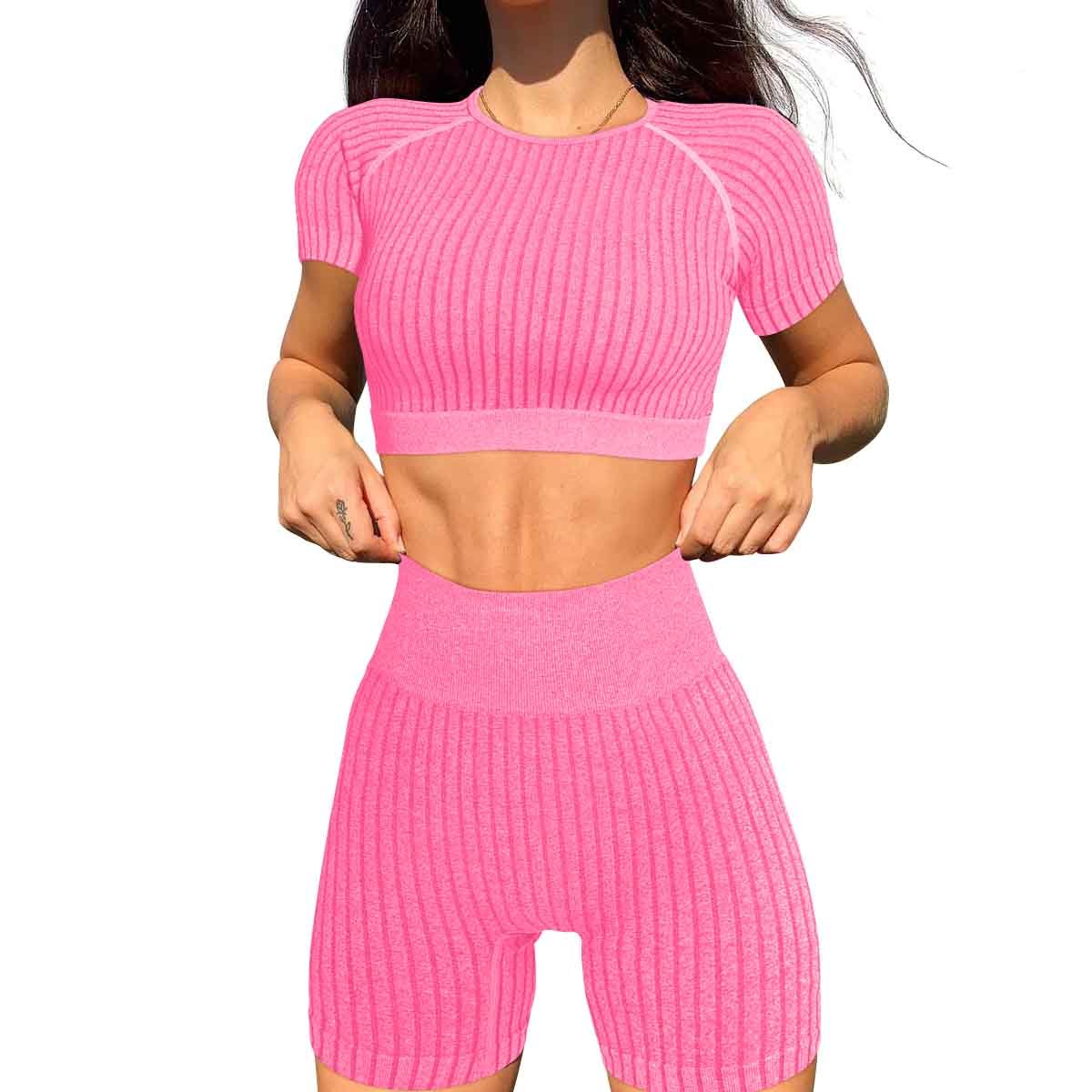 Women's New Customized Sexy Round Neck Short Sleeve Tight Fitness Top Hip Lifting Sports Shorts Two Piece Set Fitness Yoga Wear