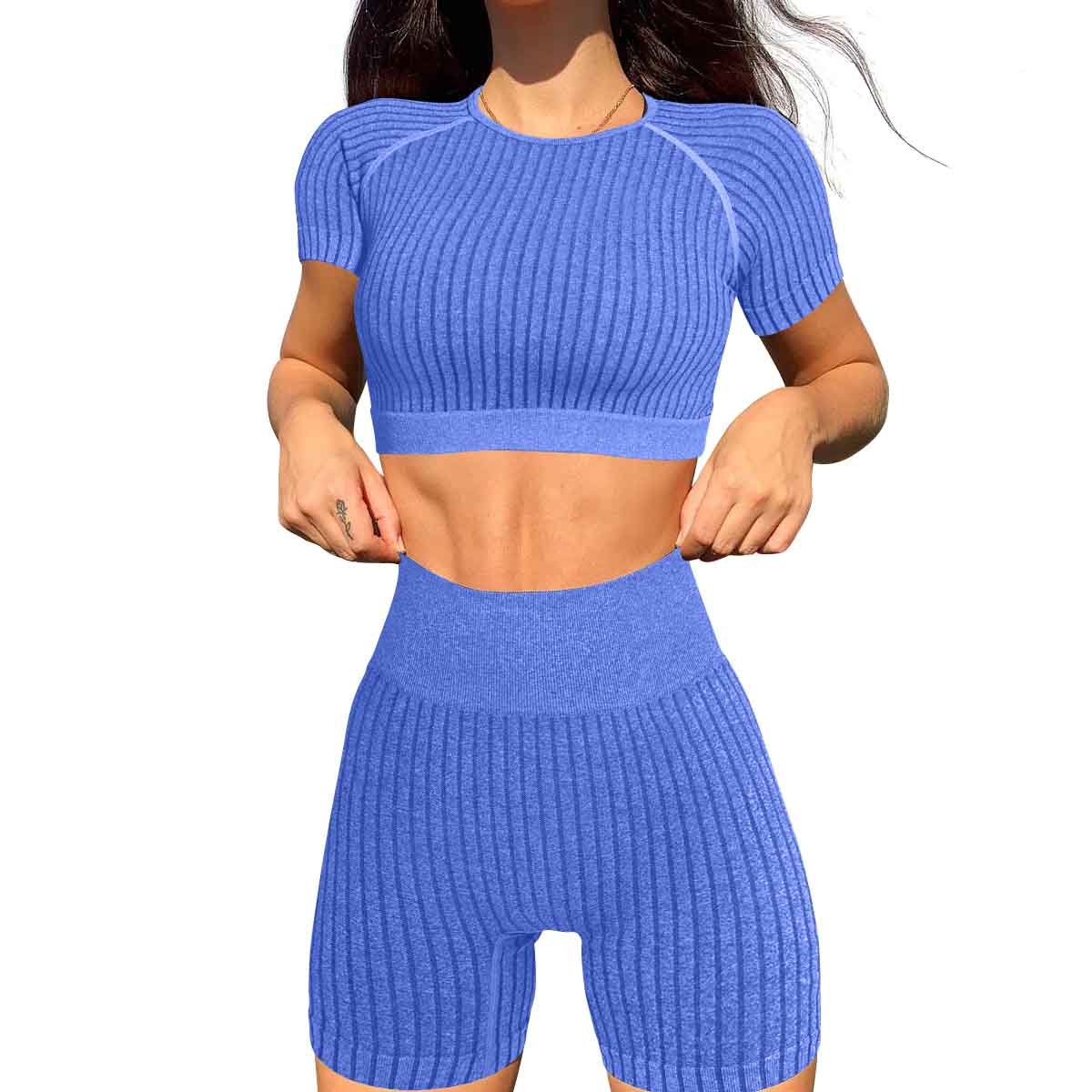 Women's New Customized Sexy Round Neck Short Sleeve Tight Fitness Top Hip Lifting Sports Shorts Two Piece Set Fitness Yoga Wear