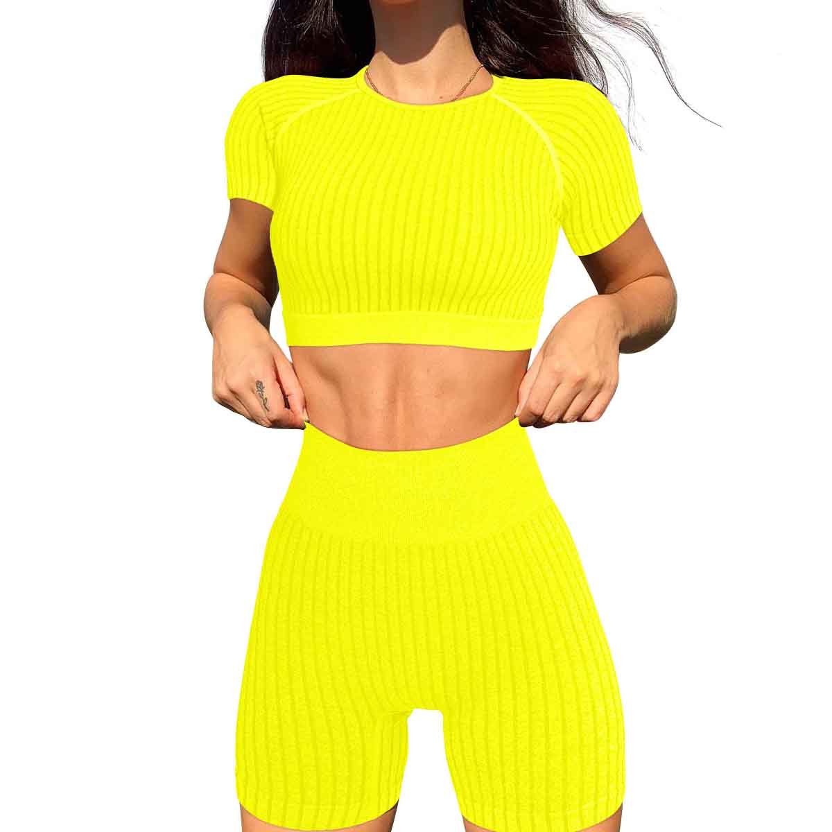 Women's New Customized Sexy Round Neck Short Sleeve Tight Fitness Top Hip Lifting Sports Shorts Two Piece Set Fitness Yoga Wear