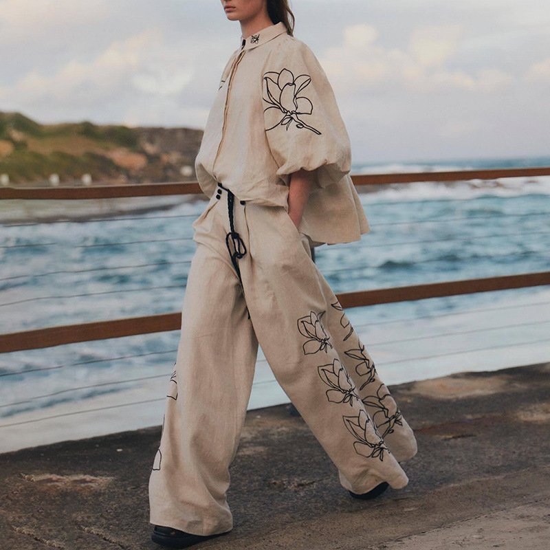 Wholesale Summer New Polo Neck Bubble Sleeve Lace Up Top Mid Waist Wide Leg Trouser Embroidered Two Pieces Women's Set