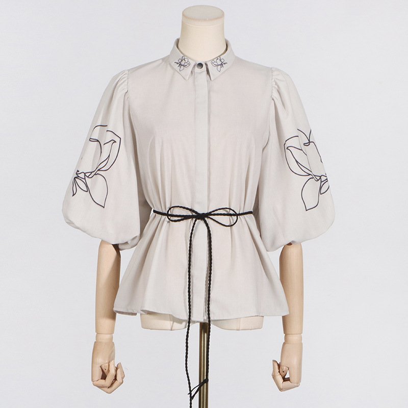 Wholesale Summer New Polo Neck Bubble Sleeve Lace Up Top Mid Waist Wide Leg Trouser Embroidered Two Pieces Women's Set