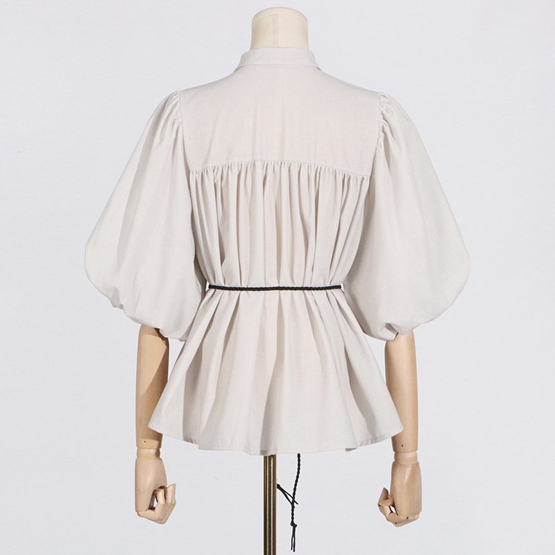 Wholesale Summer New Polo Neck Bubble Sleeve Lace Up Top Mid Waist Wide Leg Trouser Embroidered Two Pieces Women's Set