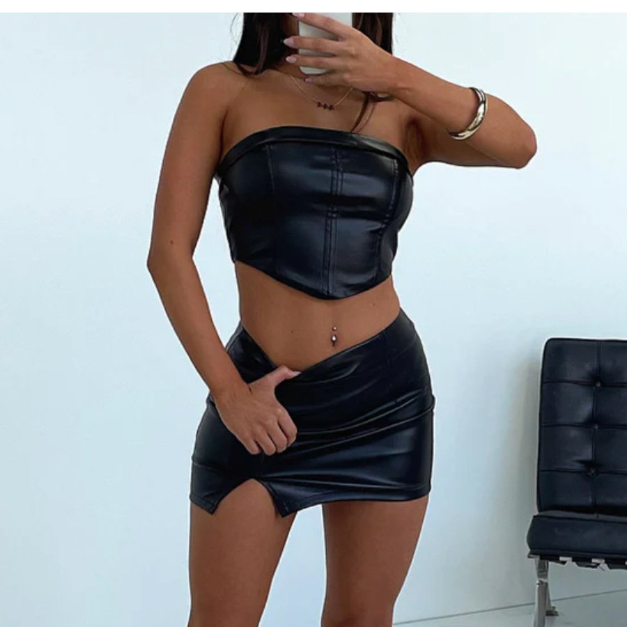 FS14499D sexy pu tube crop tops mini skirts women's sets