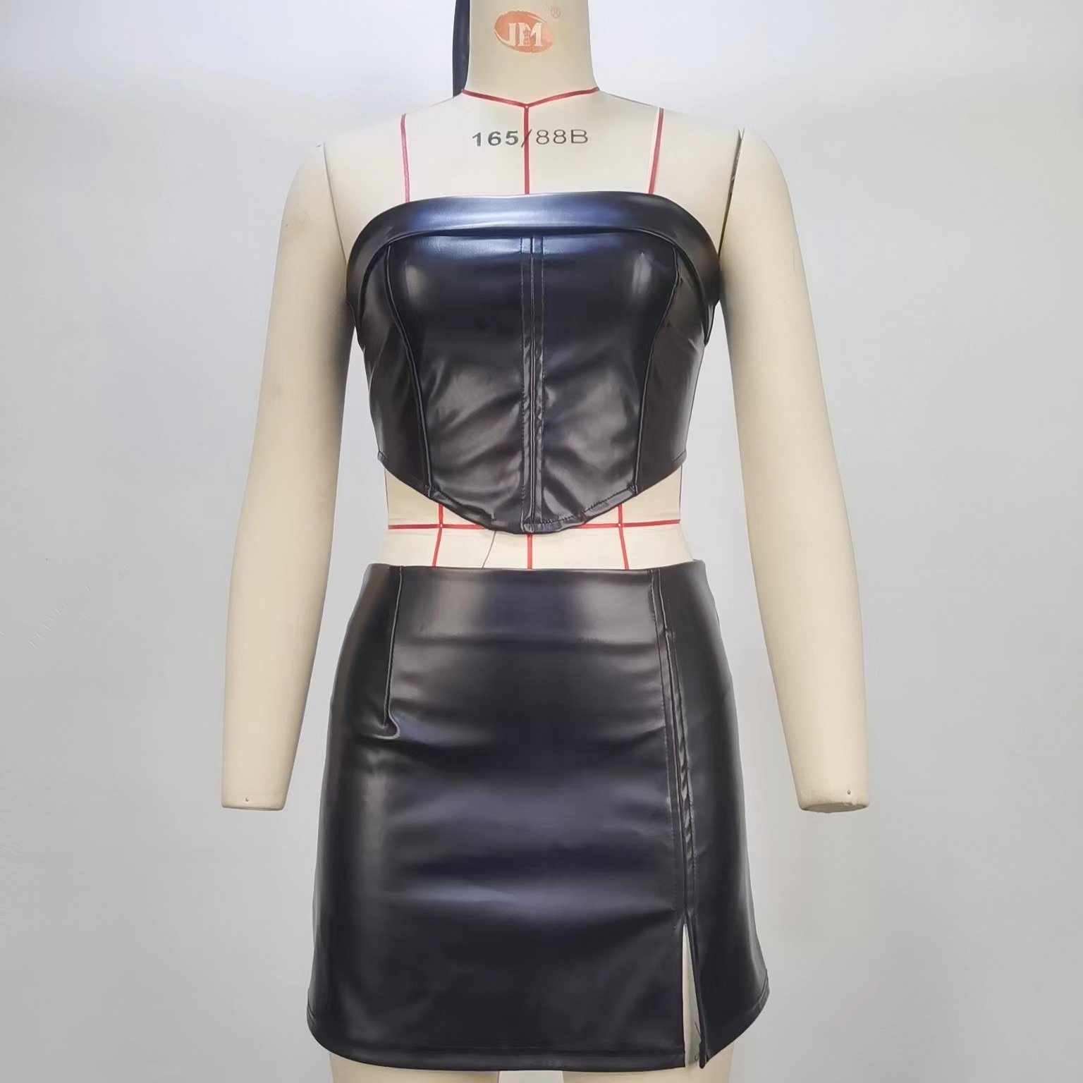FS14499D sexy pu tube crop tops mini skirts women's sets