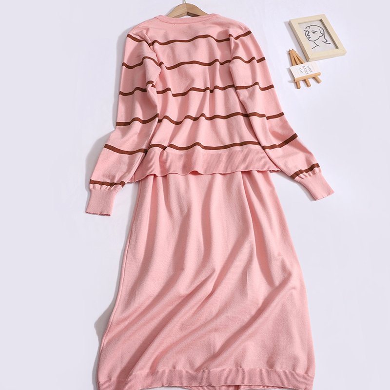 Boutique Wholesale 2024 Autumn New Fashionable Striped Long Sleeved Jacket+solid Color Suspender Dress Women's Set