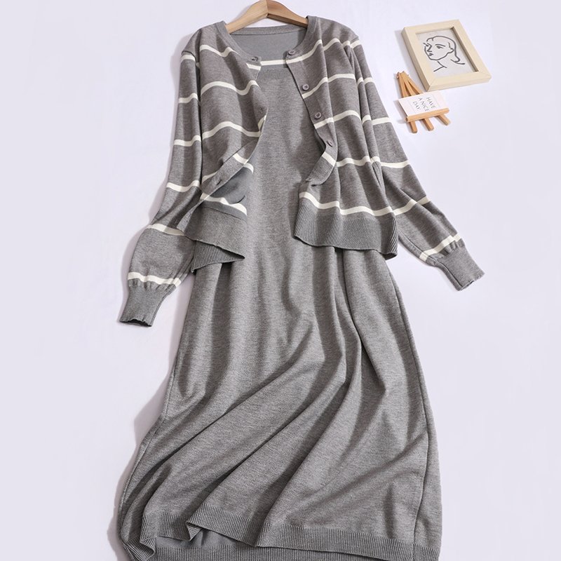 Boutique Wholesale 2024 Autumn New Fashionable Striped Long Sleeved Jacket+solid Color Suspender Dress Women's Set