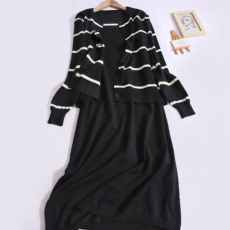 Boutique Wholesale 2024 Autumn New Fashionable Striped Long Sleeved Jacket+solid Color Suspender Dress Women's Set