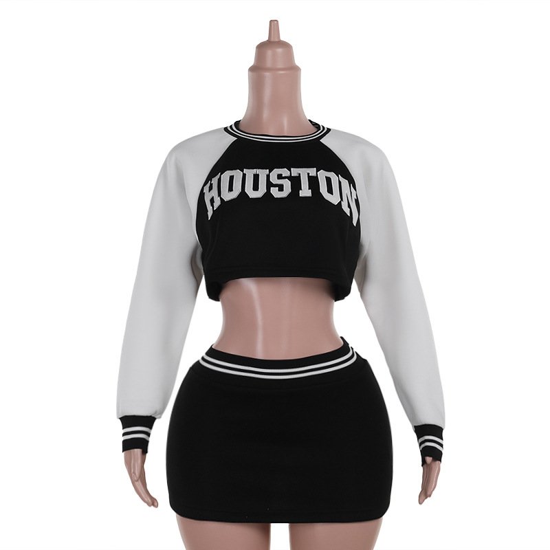 New Fall Women Tennis Sports Crop Suit Crop Sweatshirt Skirt Baseball 2 Piece Sets Casual Women Skirt Sets Two Piece Outfits