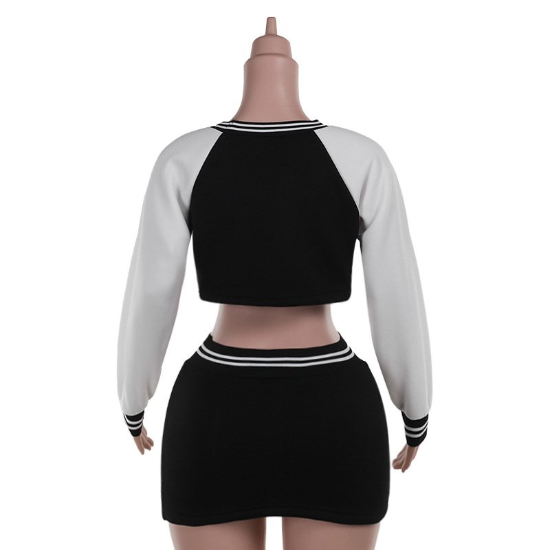 New Fall Women Tennis Sports Crop Suit Crop Sweatshirt Skirt Baseball 2 Piece Sets Casual Women Skirt Sets Two Piece Outfits