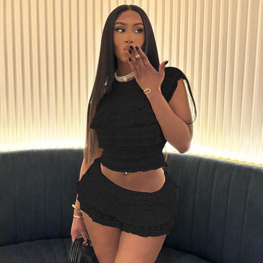 Kliou K24S48539 New arrivals summer women's sets falbala tops+skirt sets cute 2 piece set women