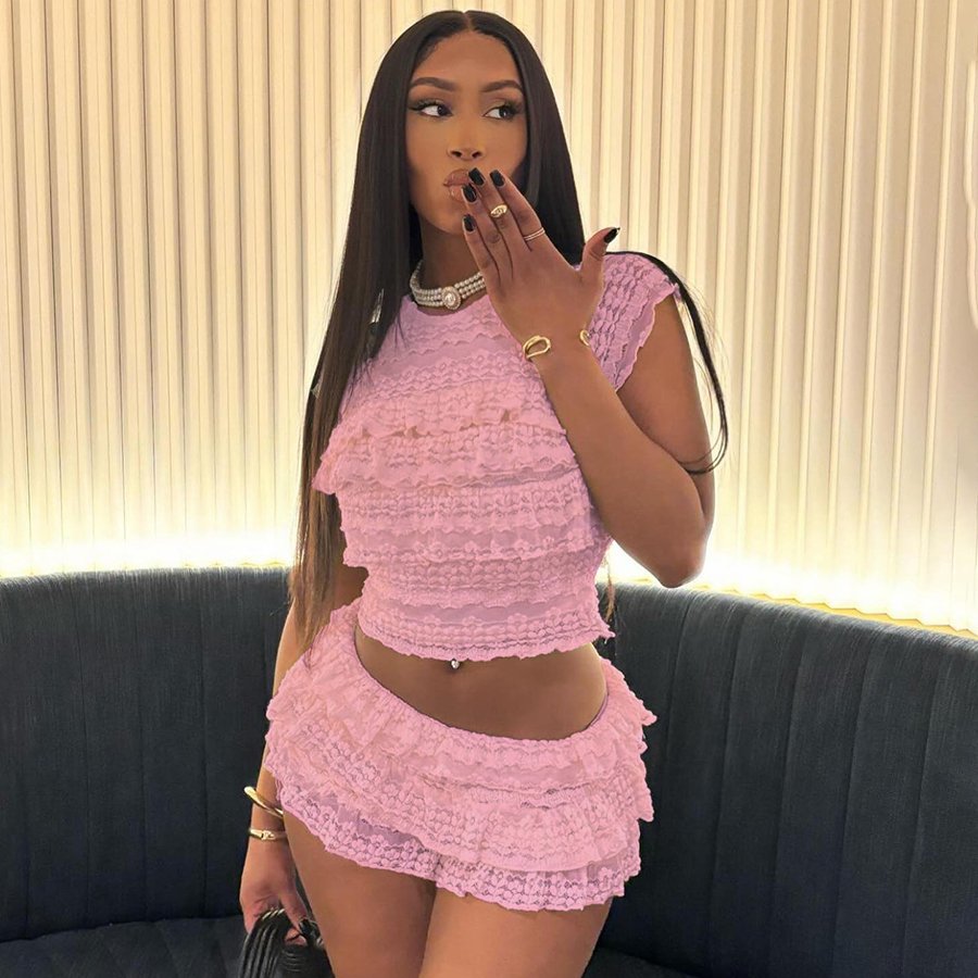 Kliou K24S48539 New arrivals summer women's sets falbala tops+skirt sets cute 2 piece set women