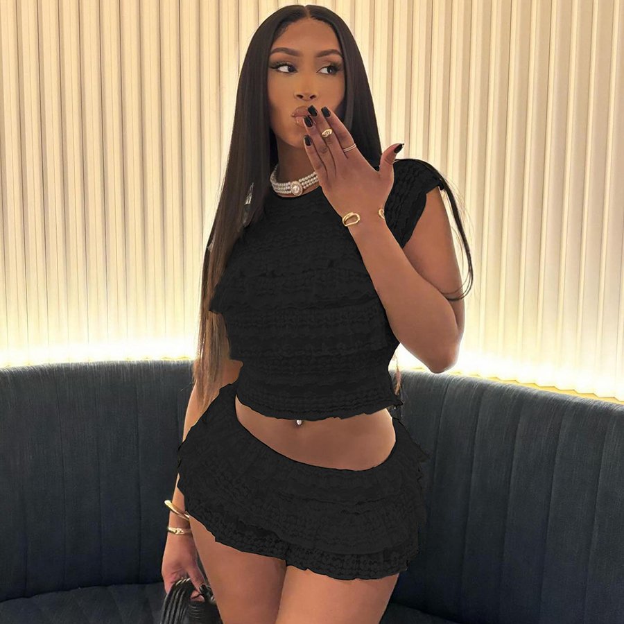 Kliou K24S48539 New arrivals summer women's sets falbala tops+skirt sets cute 2 piece set women