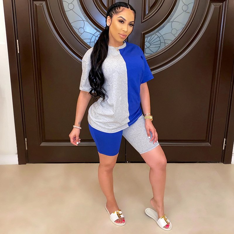 2020 Unisex Casual Sport Set O-Neck Short Sleeve Tops and Tight Shorts Fashion Spliced Plus Size with Custom Logo