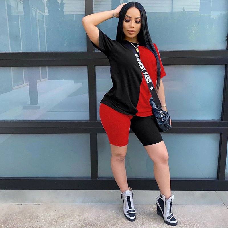 2020 Unisex Casual Sport Set O-Neck Short Sleeve Tops and Tight Shorts Fashion Spliced Plus Size with Custom Logo