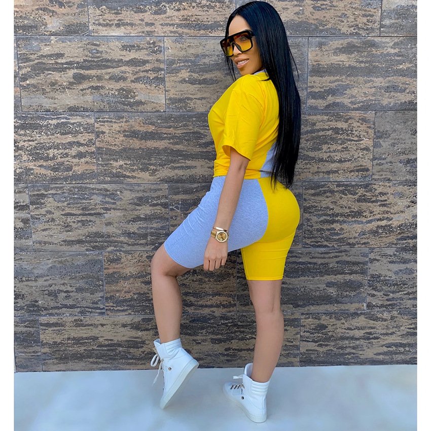 2020 Unisex Casual Sport Set O-Neck Short Sleeve Tops and Tight Shorts Fashion Spliced Plus Size with Custom Logo