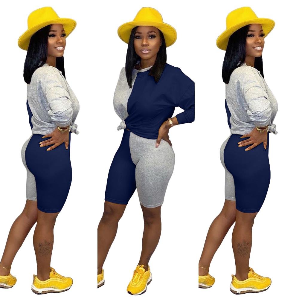 2020 Unisex Casual Sport Set O-Neck Short Sleeve Tops and Tight Shorts Fashion Spliced Plus Size with Custom Logo