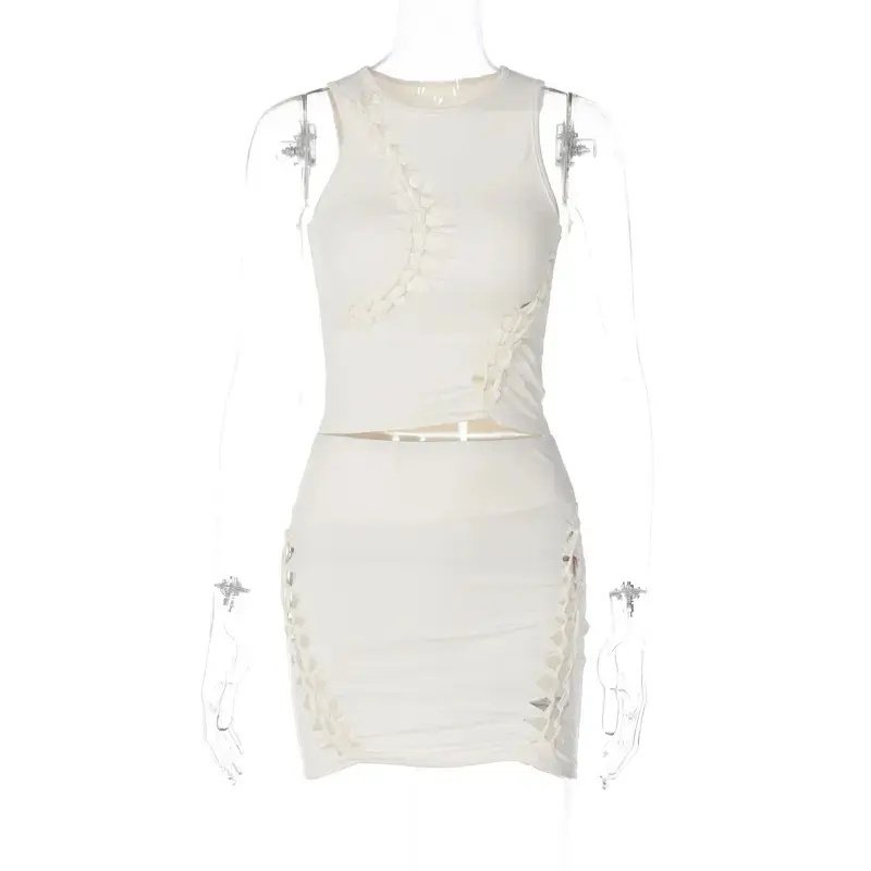 O Neck Solid Hollow Out Sleeveless Crop Top Mini Skirt Women'S Sets 2023