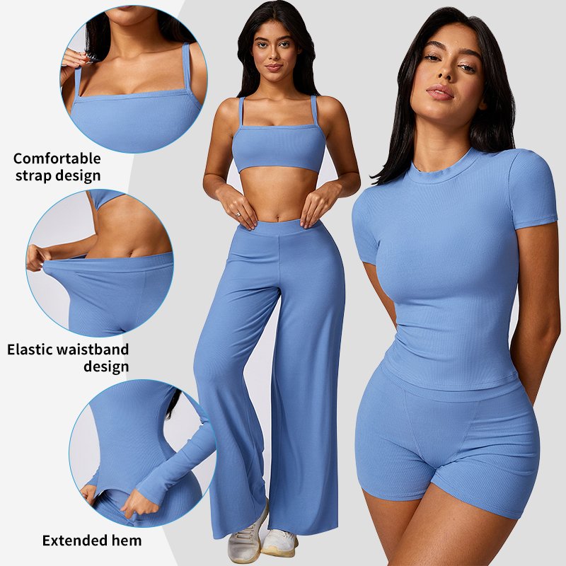 tz8714 Women Lounge Sets 5 Pieces Casual Outfits Short Sleeve Cropped Tops Fold Over Straight Pants Tracksuits Seamless Yoga Set