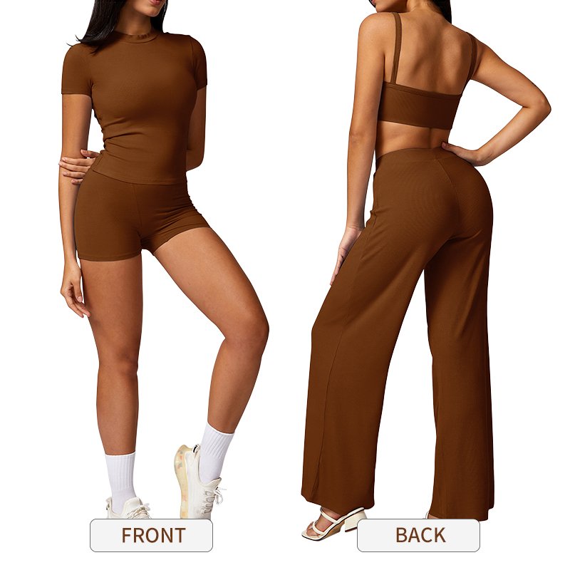 tz8714 Women Lounge Sets 5 Pieces Casual Outfits Short Sleeve Cropped Tops Fold Over Straight Pants Tracksuits Seamless Yoga Set