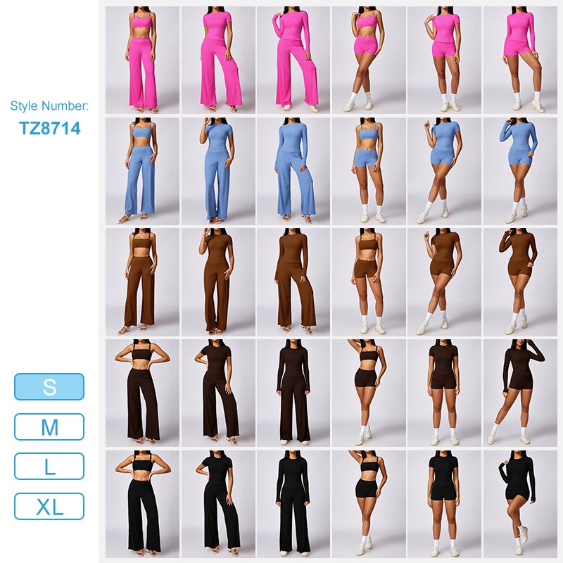 tz8714 Women Lounge Sets 5 Pieces Casual Outfits Short Sleeve Cropped Tops Fold Over Straight Pants Tracksuits Seamless Yoga Set