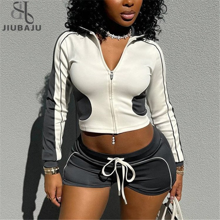 Color Block Sport 2 Piece Sets Outfit Women Autumn Tracksuits Zip Jacket + Drawstring Shorts Suits