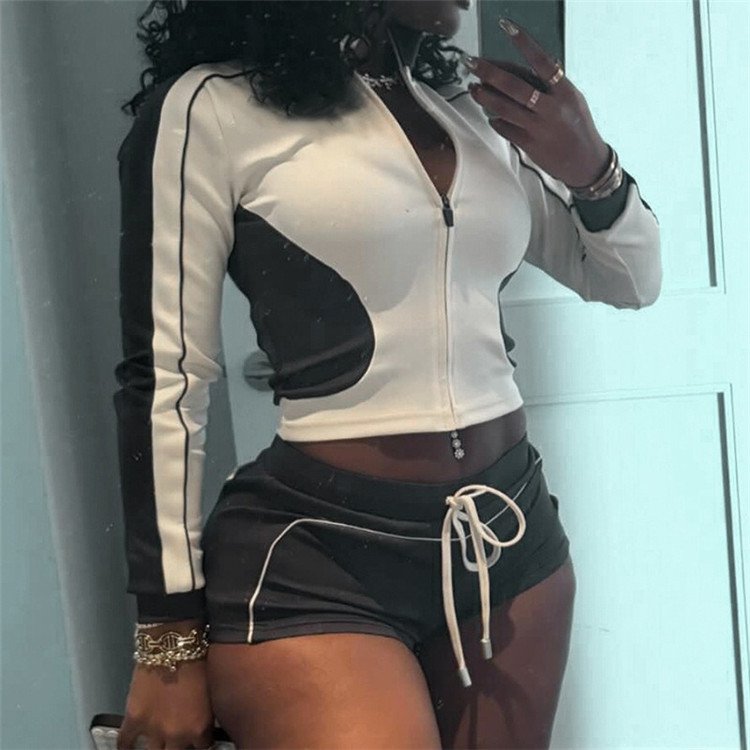 Color Block Sport 2 Piece Sets Outfit Women Autumn Tracksuits Zip Jacket + Drawstring Shorts Suits