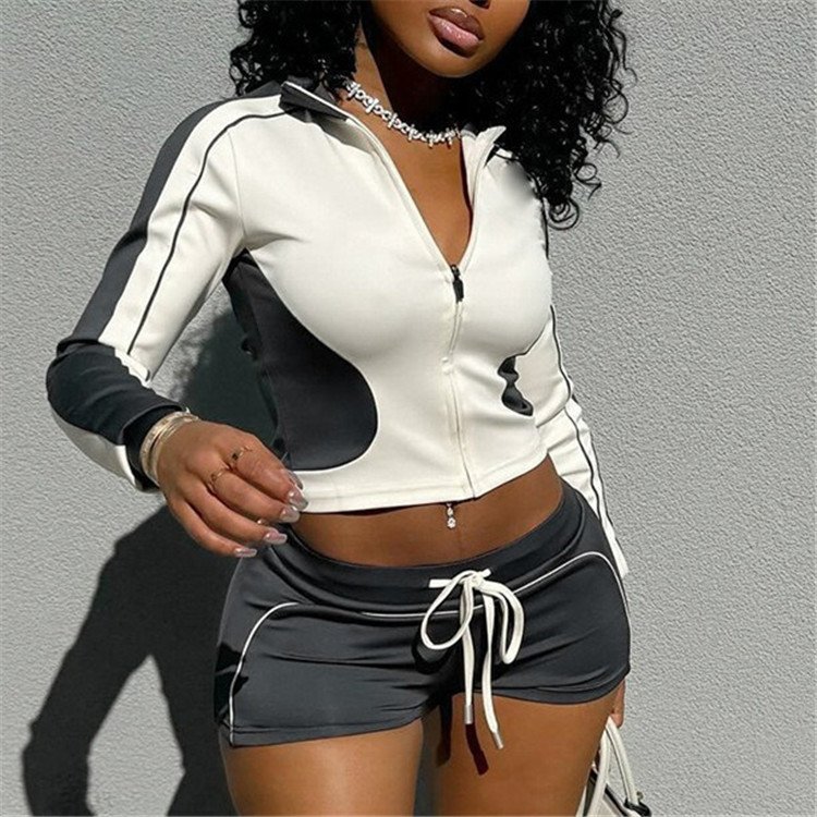 Color Block Sport 2 Piece Sets Outfit Women Autumn Tracksuits Zip Jacket + Drawstring Shorts Suits