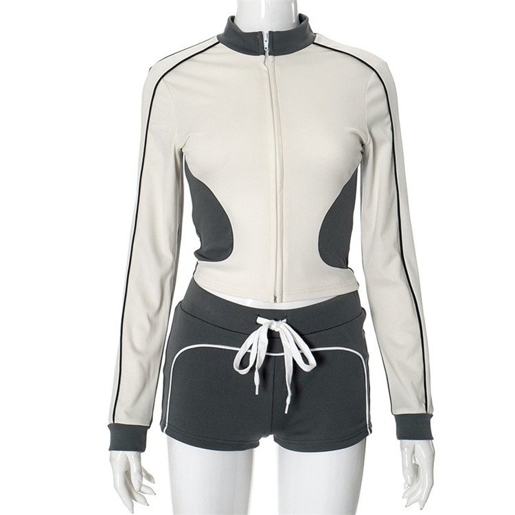 Color Block Sport 2 Piece Sets Outfit Women Autumn Tracksuits Zip Jacket + Drawstring Shorts Suits
