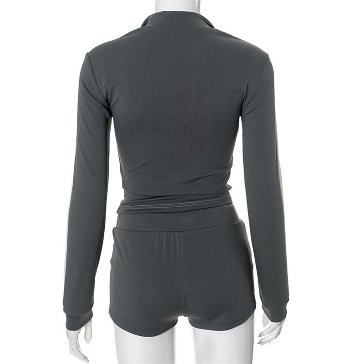 Color Block Sport 2 Piece Sets Outfit Women Autumn Tracksuits Zip Jacket + Drawstring Shorts Suits