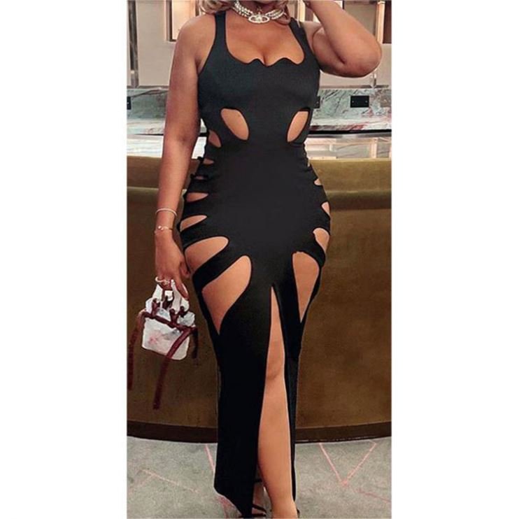 Long Dress European And Style Solid Color Round Neck Sleeveless Hole High Waist Slim Hip Lift Dress Women