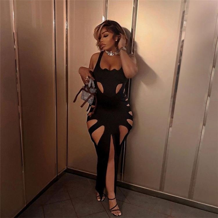 Long Dress European And Style Solid Color Round Neck Sleeveless Hole High Waist Slim Hip Lift Dress Women