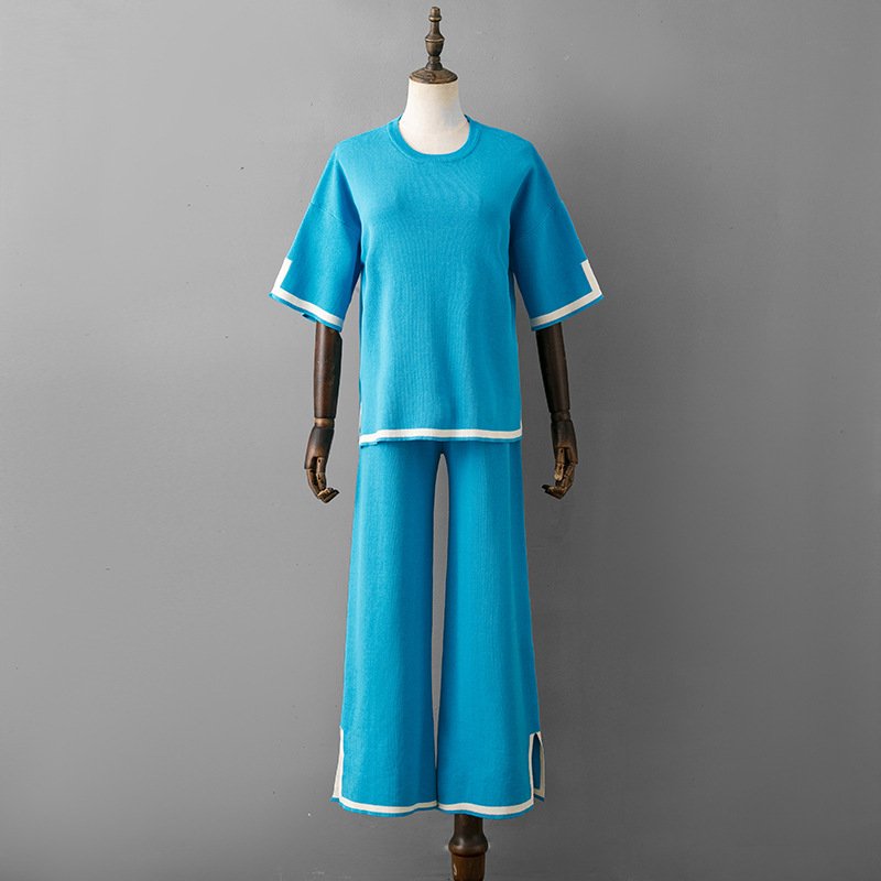 One size Fashion Style Set Contrast Split Short Sleeve Knit Shirt+High Waist Wide Leg Pants Two Piece Set