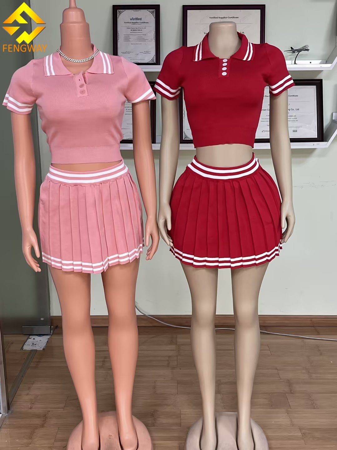 2024 Y2k Womens Clothing knitted Striped Polo-collar T-shirt matching Pleated Skirts Set Summer Casual Two Piece sets for women
