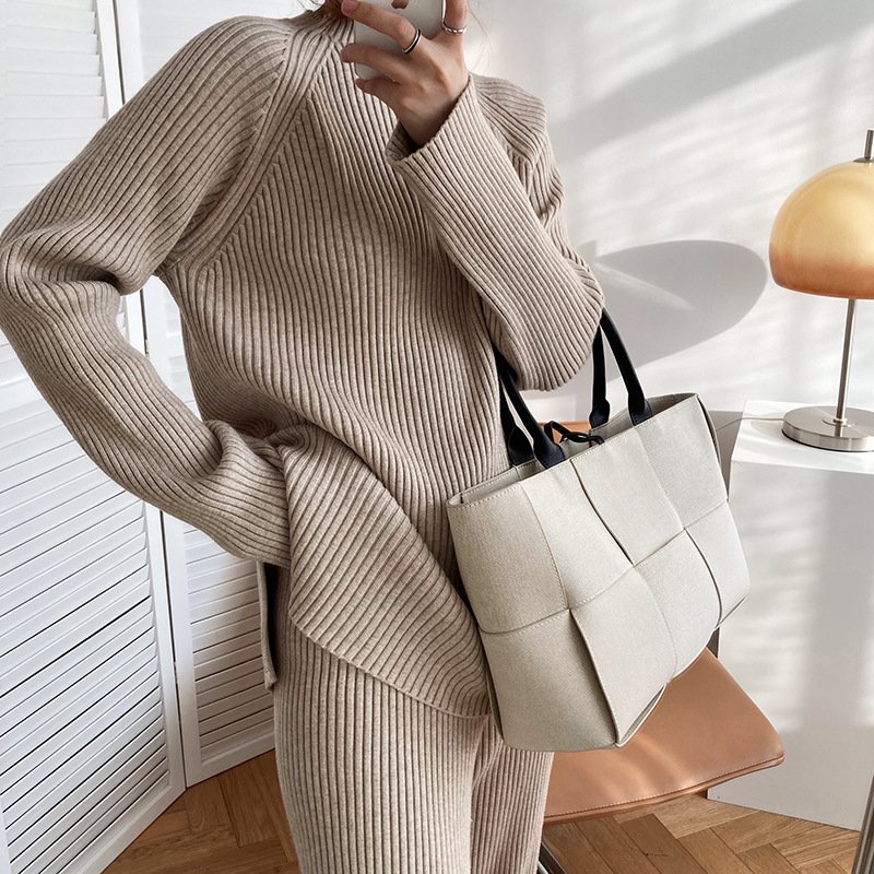 High quality cashmere cozy knit wide leg pants set knit ribbed sweater set 2 piece wool kitted set for women