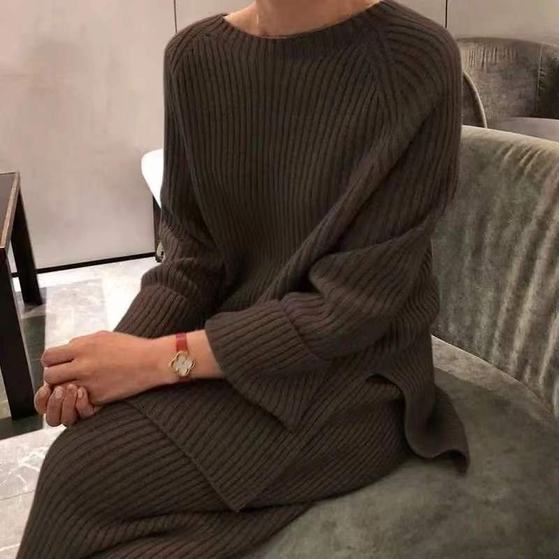 High quality cashmere cozy knit wide leg pants set knit ribbed sweater set 2 piece wool kitted set for women